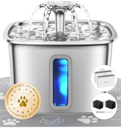 Veken Innovation Award Winner Stainless Steel Cat Water Fountain, 108oz, Stainless Steel, Silver