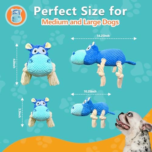 TOOPTATE Hippo Squeaky Dog Toy, Blue, Large | Cute Plush Design, Rope Legs for Tugging, Helps Keep Dogs Busy, Suitable for Small, Medium, and Large Dogs
