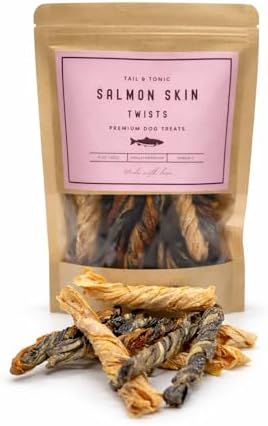 TAIL & TONIC Salmon Skin Dog Treats - Single Ingredient Dog Treats, Air-Dried Chewy Fish Skins for Dogs, High Protein, Omega-3 Rich Dental Chews, Twist