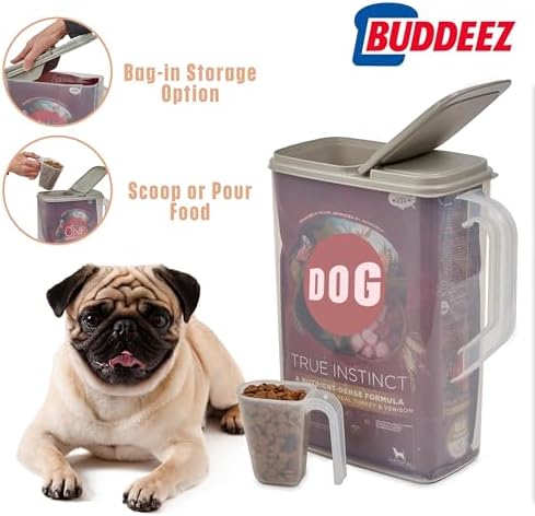 Buddeez Pet Food Storage Container - 8 Quart Capacity Dog / Cat Food & Bird Seed Container with Durable EZ Grip Handle, Flip Gray Lid (includes 1 Cup Clear Scoop)