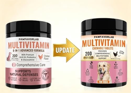 Dog Multivitamin Chewable Tablets (200 Count) – 24 in 1 Chicken Flavor Daily Dog Supplements & Vitamins with Glucosamine, Pumpkin, Krill Oil, Chondroitin, Probiotics & Omega-3 for Dogs of All Ages