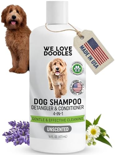 Dog Shampoo Conditioner & Detangler, Hypoallergenic Tearless Unscented 16OZ | For Sensitive Itchy Skin, Best Shampoo For Smelly Dogs, Goldendoodle, Poodle & Doodle, Puppy Pet Wash Soap, USA Made, 4-in-1