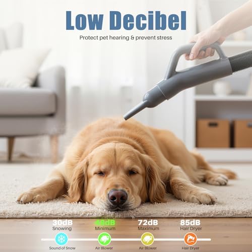 DUMOS Dog Hair Dryer for Pet Grooming, Low Noise, 6.5 FT Cord | Dog Blow Dryer with Adjustable Wind Speed & Heater Temperature, Cool-Warm-Hot Cycle Mode, 4 Nozzles, Grey