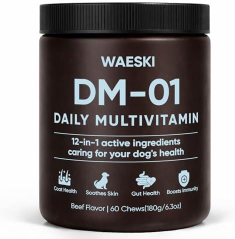 DM-01 Daily Multivitamin for Dogs, 12-in-1 Soft Chews with Salmon Oil, Probiotics, Chondroitin & Vitamins, Skin & Coat, Gut, Hip & Joint and Immune Support, Beef Flavor, 60 Chews
