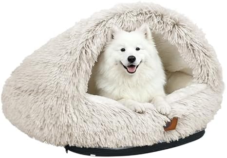 YooxArmor Round Covered Cat Bed Cave Dog Bed for Small Medium Pets,Brown,M