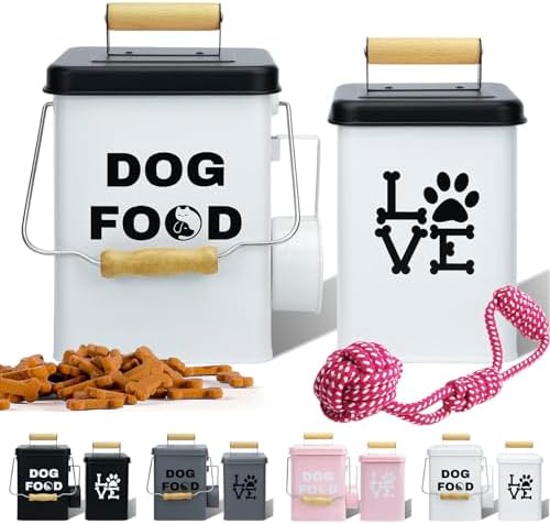 Dog Food Storage Container Set of 2 Dog Treat Container with Airtight Lids Dog, Metal, White