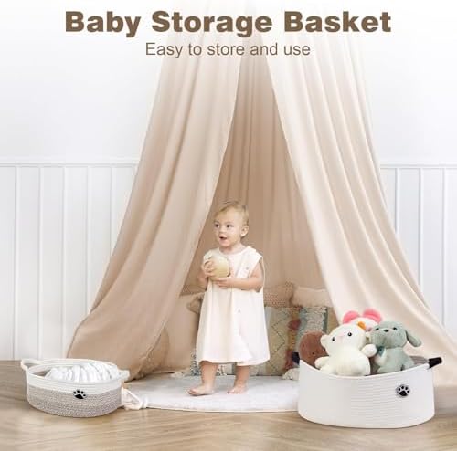 Optish Dog Toy Basket, 30L Toy Box and Bin for Dog Cat Storage, 19.7" X 11" X 7.9" Large Woven Rope Basket for Blankets, Living Room, Bedroom, White