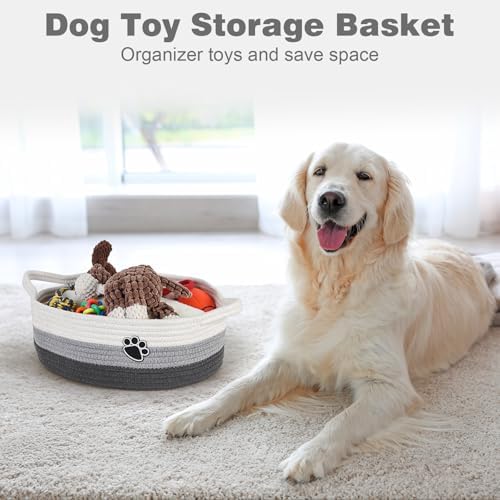 Optish Dog Toy Basket, Toy Box and Bin for Dog Cat Storage, 13.5" X 11" X 5" Small Woven Rope Basket for Baby Storage, Closet, Living Room, White & Grey