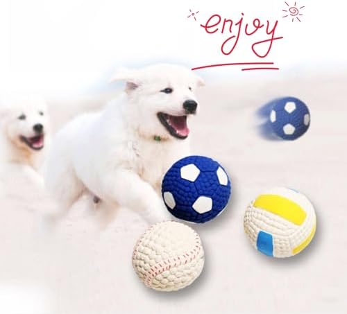 Squeaky Chew Dog Toys Interactive Sports Balls with Squeaker Soft Latex Rubber Bouncy Fetch Ball Toy (Soccer, Volleyball, Football, Tennis) for Puppy & Dog (Soccer+Tennis,Large)