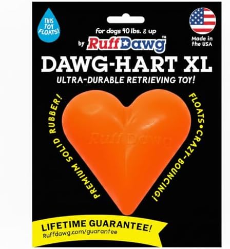 Ruff Dawg Indestructible Dawg-Hart (Heart) XL 4” – Heavy-Duty Solid Rubber Dog Fetch Toy for Dogs 40 lbs & Up – Floats & Crazy Bounce – Made in USA – Assorted Neon Colors