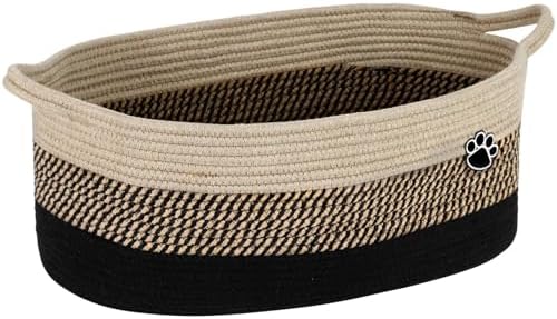 Optish Dog Toy Basket, 30L Toy Box and Bin for Dog Cat Storage, 19.7" X 11" X 7.9" Large Woven Rope Basket for Blanket Storage, Living Room, Bedroom, Black & Brown