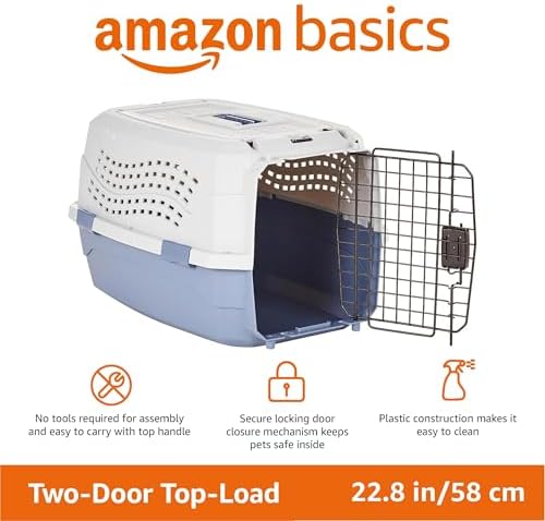 Amazon Basics Sturdy Portable 2-Door Top-Load Hard-Sided Pet Travel Carrier with Secure Ventilation, Handle, Front & Top Entry for Dogs, Cats, 22.8"L x 15"W x 13"H, Gray & Blue