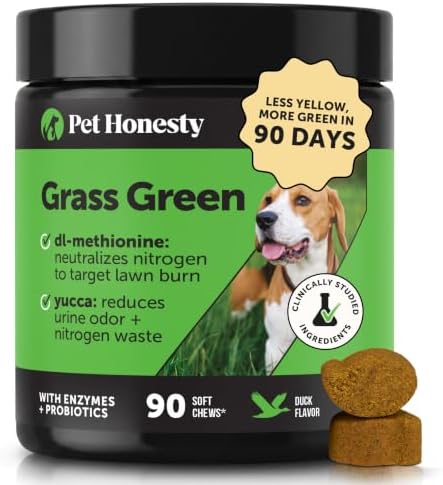 Grass Green Dog Urine Neutralizer for Lawns - Stops Yellow Burn Spots & Brown Grass - Lawn Saver Supplement with dl-Methionine, Probiotics & Digestive Enzymes - Green Grass Chews (Duck, 90 Ct)