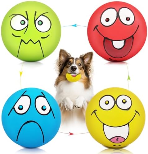 4 Pack 2.8" Smiley Face Squeaky Dog Toys Soft Dog Balls Latex Rubber Squeak Dog Toys for Small Medium Puppy Pet Dogs (Flat Ball)