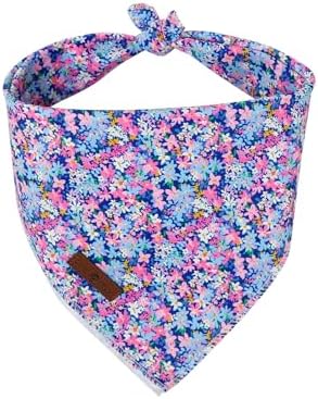 Lionet Paws Spring Summer Oxalis Dog Bandana Washable Cotton Handkerchief Scarf Triangle Blue Flower, Large (Pack of 1), Medium, Blue