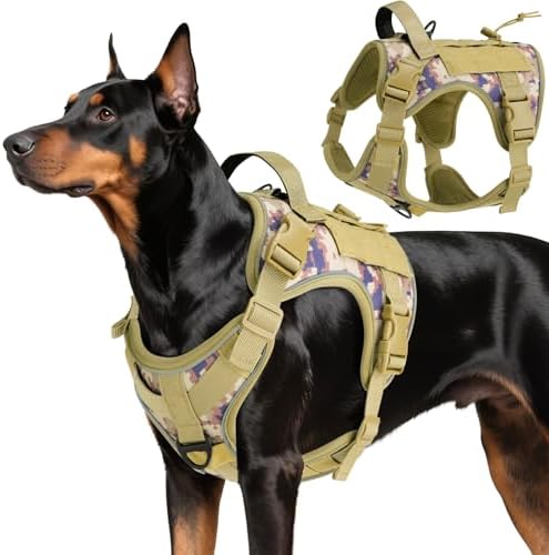 VavoPaw Heavy Duty Tactical Dog Harness for Large Dogs, No Pull Adjustable Pet Harness Reflective Service Training Easy Control Pet Vest Military K9 Working Dog Harnesses, Desert Camouflage, L
