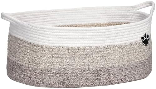 Optish Dog Toy Basket, 30L Toy Box and Bin for Dog Cat Storage, 19.7" X 11" X 7.9" Large Woven Rope Basket for Blanket Storage, Living Room, Bedroom, White & Brown