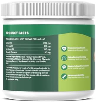 Omega 3 Skin and Coat Chews for Dogs, Dog Salmon Oil Supplement for Joint Pain Relief, Immune Support, Skin and Coat Supplements for Dogs, Chewable Dog Treats for Itchy Skin Relief, 55 Chews, 8 Oz