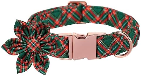 Lionet Paws Dog Collar with Flower - Cute Green Grid Cotton Adjustable Flower Dog Collar with Metal Buckle for Large Dog Girl Gift, L, Neck 16-24in