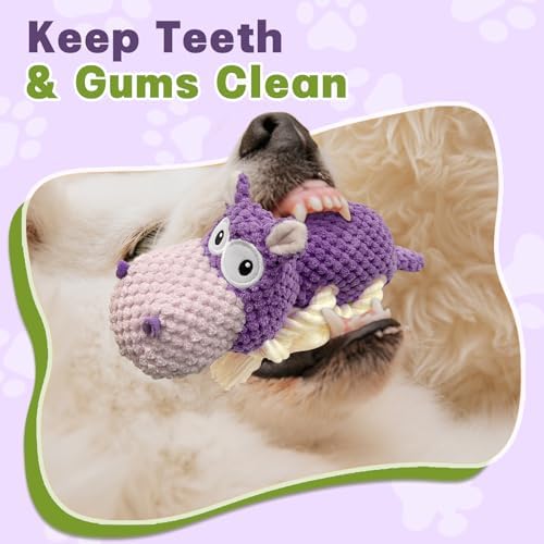 TOOPTATE Hippo Squeaky Dog Toy, Purple, Medium | Cute Plush Design, Rope Legs for Tugging, Helps Keep Dogs Busy, Suitable for Small, Medium, and Large Dogs