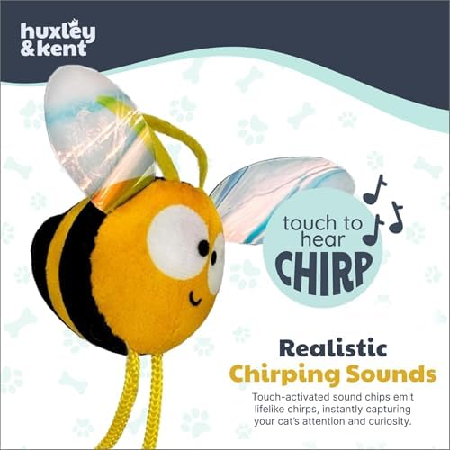 Huxley & Kent Chirpy Interactive Catnip Cat Toy, Bumble Bee | Touch Activated Chirp Chip with Auto Shut Off, Catnip & Crinkle, Dangly Motion, Soft Plush for Indoor Play