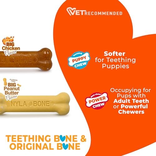 Nylabone Puppy Chew Teething Bone & Original Bone Dog Chew Toys, 2 Count | X-small chew bones for puppies up to 15 lbs, chicken & peanut butter flavor, soothing teething toys for puppies