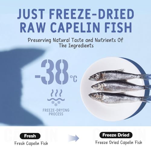 Wild-Caught Freeze Dried Capelin for Cats & Dogs (2.47oz/70g) - Loaded with Crunchy Roe, 100% Whole Fish, Rich in Omega-3 for Skin & Coat, High-Value Grain-Free Training Treats