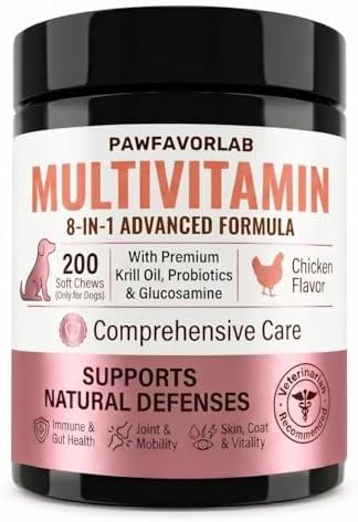 Dog Multivitamin Chewable Tablets (200 Count) – 24 in 1 Chicken Flavor Daily Dog Supplements & Vitamins with Glucosamine, Pumpkin, Krill Oil, Chondroitin, Probiotics & Omega-3 for Dogs of All Ages