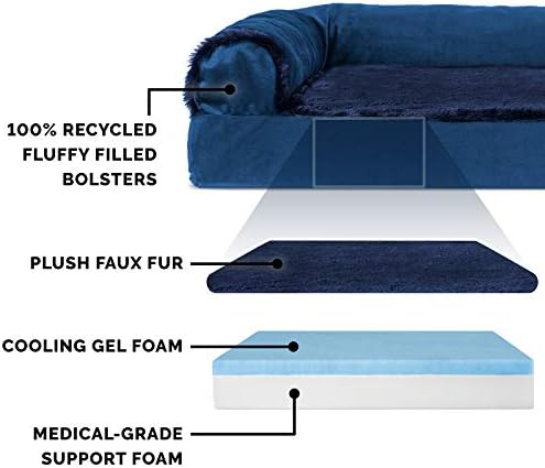 Furhaven Cooling Gel Dog Bed for Large Dogs w/ Removable Bolsters & Washable Cover, For Dogs Up to 125 lbs - Plush & Velvet L Shaped Chaise - Deep Sapphire, Jumbo Plus/XXL