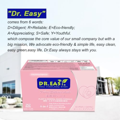 DR.EASY Dryer Sheets Plant Based Formula 252 Ct Super Caring,Softener sheets for Laundry Unscented No Dyes Reduce Static & Wrinkles Help Repel Pet Hair