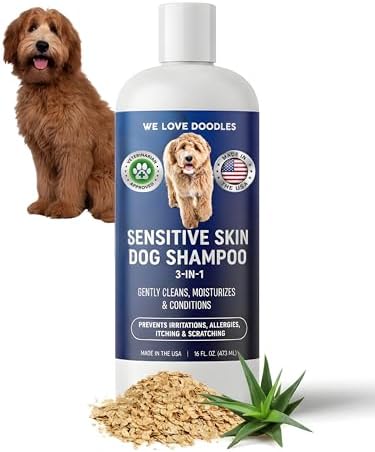 Dog Shampoo for Sensitive Skin with Oatmeal & Aloe, Hypoallegenic Tearless | Soothes Itching, Scratching & Allergies, Natural Sensitive Skin Dog Shampoo, Tear Free For Cats & Pets, 16OZ, Made in USA