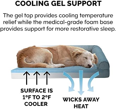 Furhaven Cooling Gel Dog Bed for Large Dogs w/ Removable Bolsters & Washable Cover, For Dogs Up to 95 lbs - Pinsonic Quilted Paw L Shaped Chaise - Bluestone, Jumbo/XL