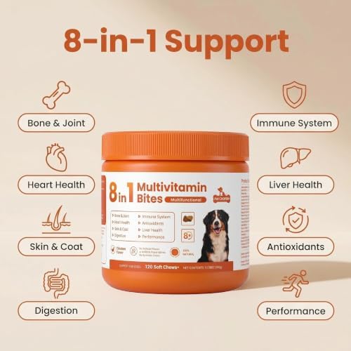 8-in-1 Multivitamin Bites for Dogs - Glucosamine, Chondroitin, Omega-3, Probiotics for Joint, Skin, Gut & Immune Support, Chicken Flavor, 120 Soft Chews
