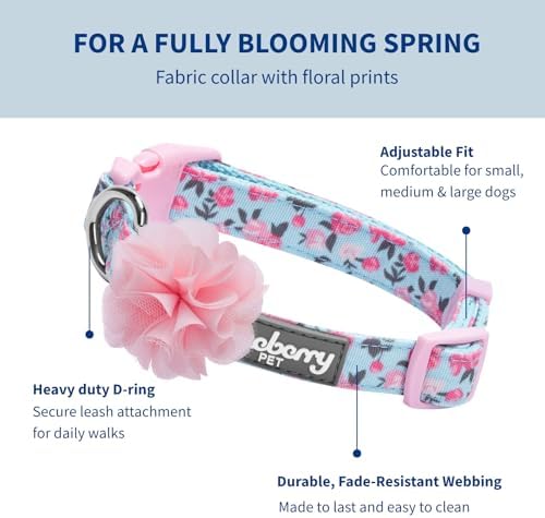 Blueberry Pet Made Well Cute Floral Print Adjustable Dog Collar in Light Blue with Pink Artificial Silk Flower, Large, Neck 18"-26"