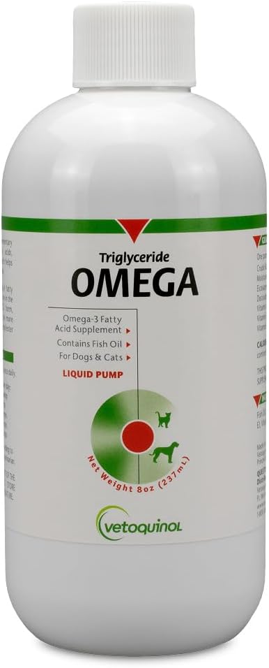 Vetoquinol Triglyceride Omega - Fish Oil for Dogs & Cats - Supports Healthy Skin, Coat & Normal Immune Response - Supplement with Vitamin Blend for Heart, Eye, Bone & Muscle Support - 8 Ounce