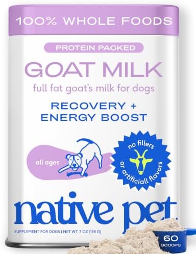 Native Pet Goat Milk Powder - Dog Food Topper for Active Dogs - Post-Activity Recovery, Energy, Immune Support, Hydration & Bone Health - Whole Goat Milk with MCTs & Essential Minerals - 60 Scoops