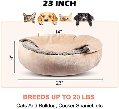 GASUR Small Dog & Cat Bed, 23'' Donut Pet Bed Mat with Hooded Blanket, Anti-Anxiety Burrow Cave Bed, Cozy Puppy Bed, Machine Washable, for Indoor Pets up to 20lbs