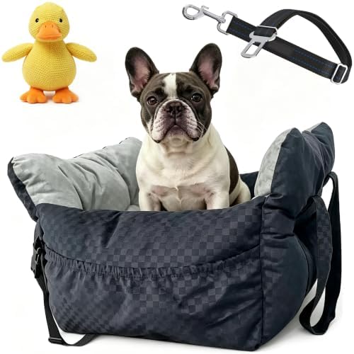 Dog Car Seat Bed - Black and White Checkered, Anti-Anxiety Calming Sofa Bed, Safety Belt