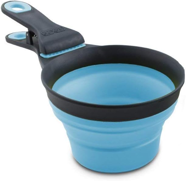 Dexas Popware for Pets Collapsible Klip Scoop, 3 in 1 Design Convenient Measuring Cup, Food Scooper and Bag Clip, 2Cup Capacity Pet Food Scoop, Versatile Food Measuring Cups Portion Control Gray/Blue