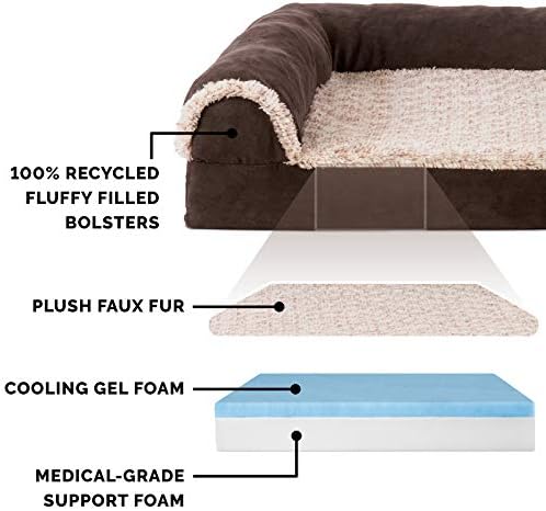 Furhaven Cooling Gel Dog Bed for Large Dogs w/ Removable Bolsters & Washable Cover, For Dogs Up to 125 lbs - Two-Tone Plush Faux Fur & Suede L Shaped Chaise - Espresso, Jumbo Plus/XXL