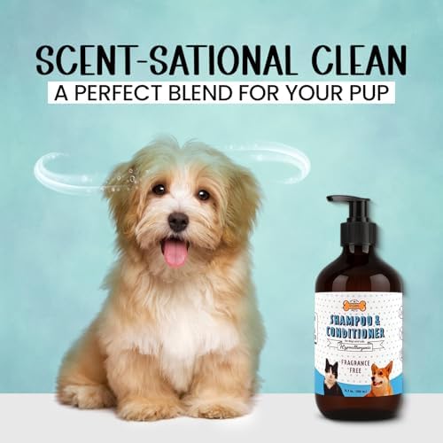 POM Pets 2-in-1 Organic Dog Shampoo & Conditioner – Itchy Skin Relief, Dog Deshedding, Detangles Fur, Cat Shampoo, Paw Cleaner for Dogs, Natural Coat Defense Formula