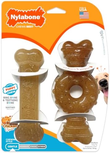 Nylabone Puppy Chew Teething Bone Dog Chew Toys, Chicken Flavor, 2 Count | For medium breed puppies up to 35 lbs, teething toys for puppies, puppy enrichment, puppy teething relief, soothes sore gums