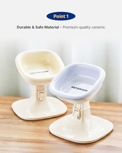 PETHROOM Elevated Dog Bowl with Adjustable Stand – Ceramic Pet Bowl for Dogs & Cats, 4.5–7.4 in Height, 0–22° Tilted, Non-Slip, Beige Stand with Pink Bowl