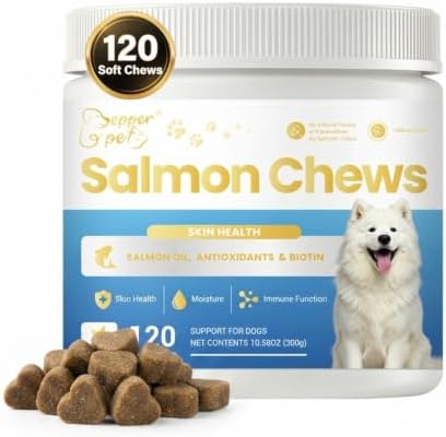Salmon Oil for Dogs, Omega-3 Fish Oil Soft Chews for Healthy Skin & Shiny Coat, Itch & Shedding Support with DHA, Kelp & Biotin, Chicken Flavor