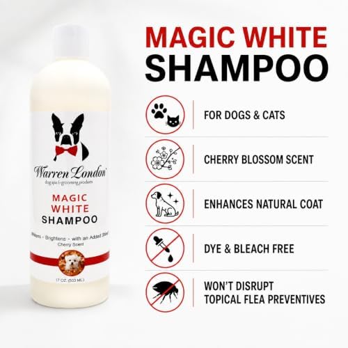 Warren London Magic White Dog Shampoo | Whitening Shampoo for White Dogs & Lighter Dog Coats | Puppy and Cat Safe Grooming Supplies | Cherry Scent | Made in USA | 17oz