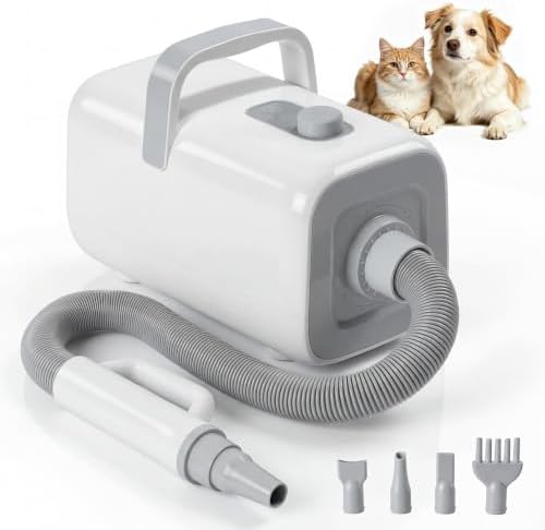 DUMOS Dog Hair Dryer for Pet Grooming, Low Noise, 6.5 FT Cord | Dog Blow Dryer with Adjustable Wind Speed & Heater Temperature, Cool-Warm-Hot Cycle Mode, 4 Nozzles, White