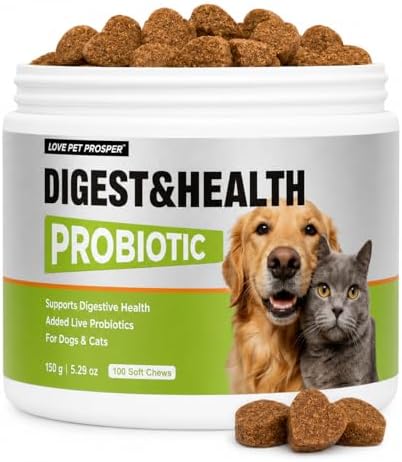 Pets Probiotic Chews for Digestive Health & Gut Health Support, 5-Strain Blend, Prebiotics & Enzymes, Pumpkin, Papaya, Skin & Coat, Immune Support, Chicken Flavor, 100 Count