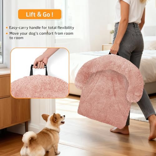 GGIB Calming Dog Bed Fluffy Plush Dog Mat for Furniture Protector with Removable Washable Cover for Large Medium Small Dogs and Cats (Extra Large (53x39.3x6), Pink)
