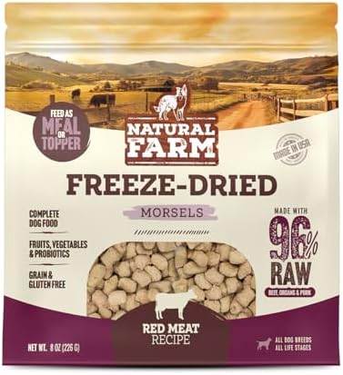 Natural Farm Freeze-Dried Red Meat Morsels for Dogs – 96% Raw Beef, Organs & Pork, Complete Meal or Food Topper, Grain-Free, Gluten-Free, Probiotics for Digestion, All Life Stages – 8oz Bag