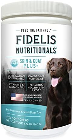 FIDELIS Skin & Coat Plus+ Dog Skin & Coat Supplement, Omega 3, Vitamin E, Salmon Oil for Dogs, Fatty Acids, Healthy Skin, Shiny Coat, Adult, Big & Small, Made in USA, Vegetable Flavor, 120 Soft Chews